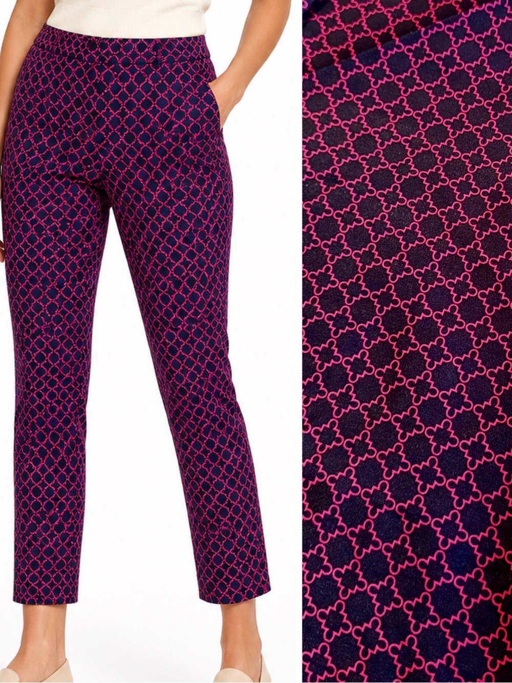 WILLI SMITH Stretchy Navy Blue & Pink Geometric Slim Ankle Pants — LHP